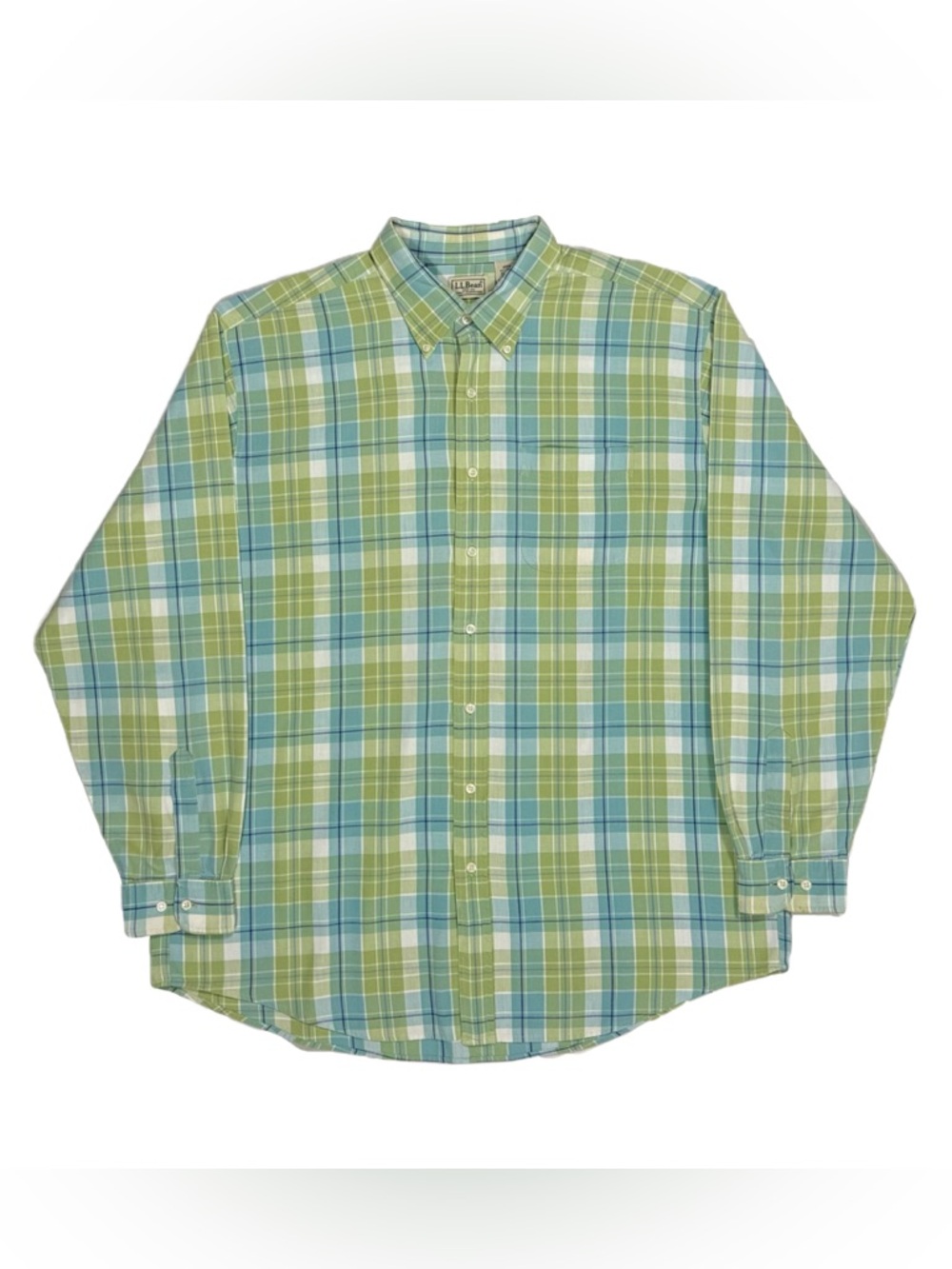 LL Bean 100% cotton lime green baby blue plaid button down shirt mens XL Tall